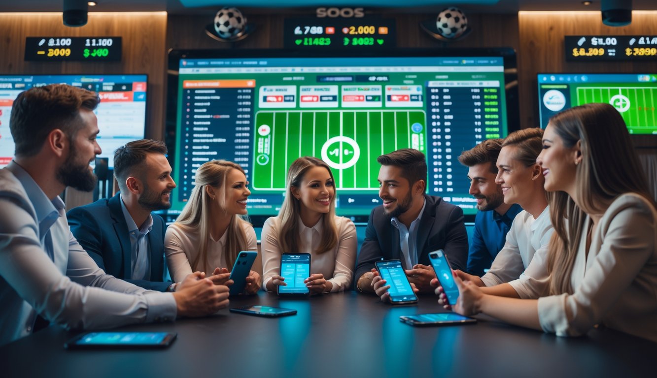 Sekelompok orang sedang melihat layar digital dengan data taruhan olahraga di sebuah ruang taruhan modern.