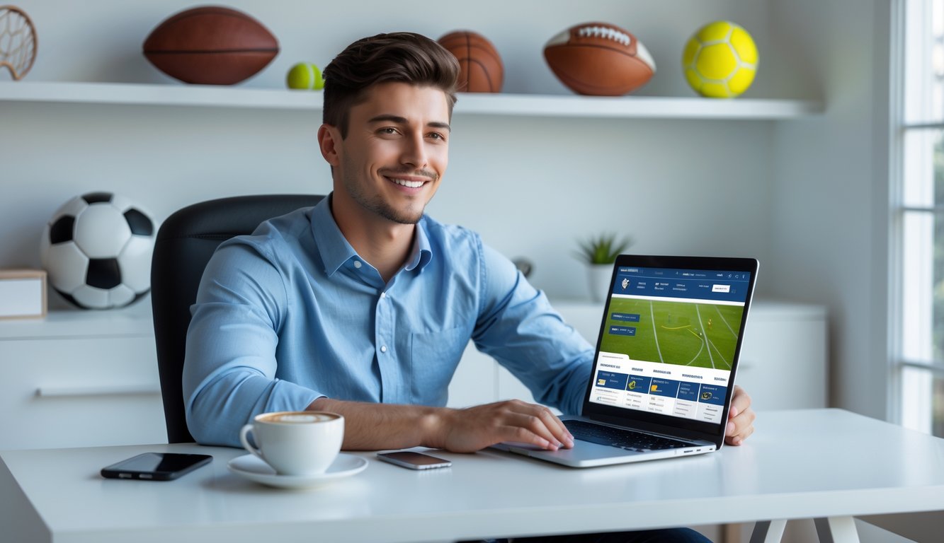 Seorang pria muda duduk di meja kerja menggunakan laptop dengan perlengkapan olahraga di latar belakang.