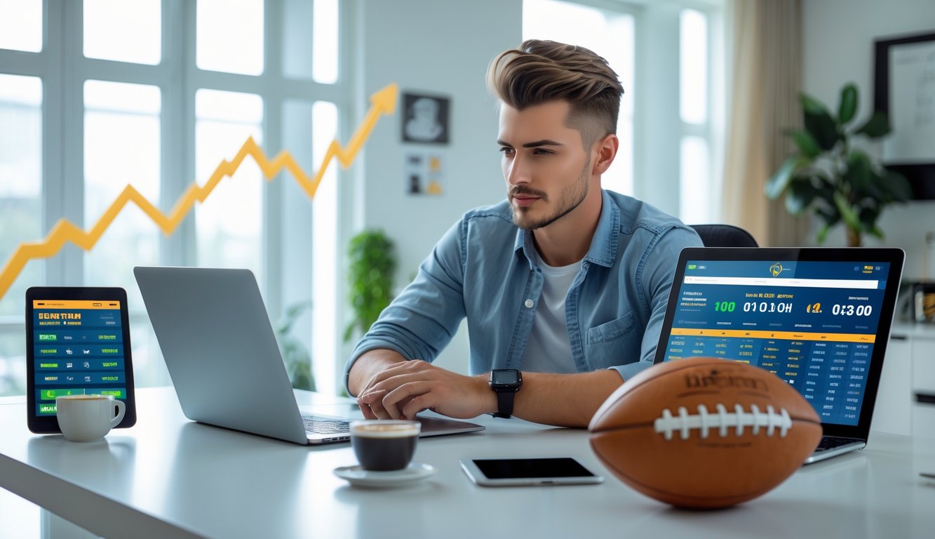 Seorang pria muda duduk di meja kerja dengan laptop yang menampilkan data taruhan olahraga, dikelilingi oleh bola olahraga dan alat elektronik di ruang kerja yang terang.