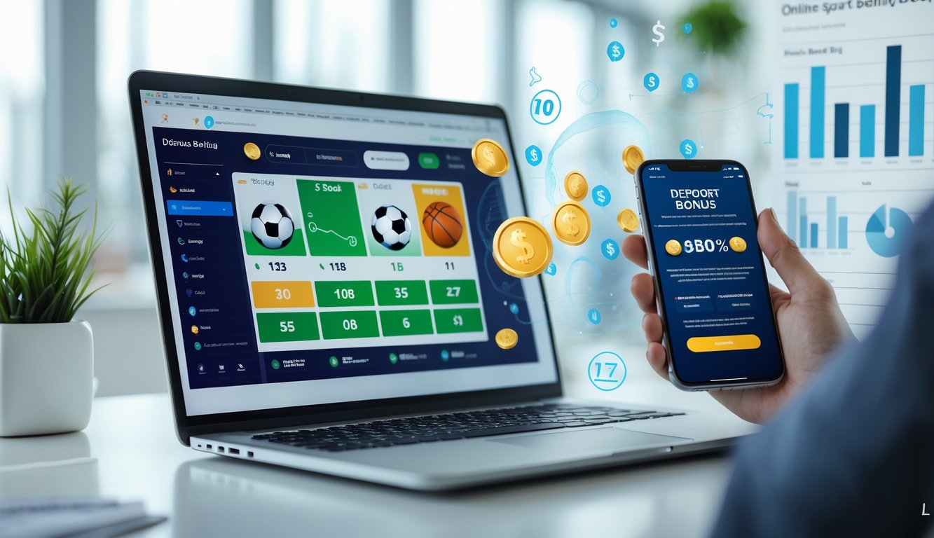 Seorang pria menggunakan laptop dan smartphone di meja kerja dengan ikon olahraga dan simbol uang di layar, menggambarkan taruhan olahraga online dan bonus deposit.