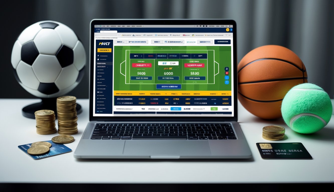 Seorang laptop di meja dengan bola olahraga dan tumpukan koin di sekitarnya, menggambarkan konsep taruhan olahraga online dan bonus deposit.