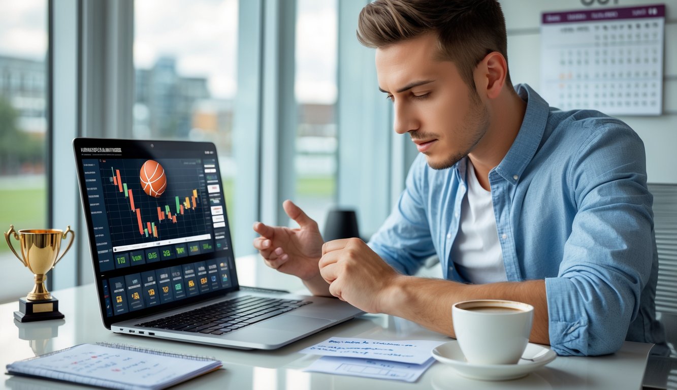 Seorang pria muda duduk di meja kerja dengan laptop dan ponsel, sedang menganalisis strategi taruhan olahraga menggunakan bonus deposit.