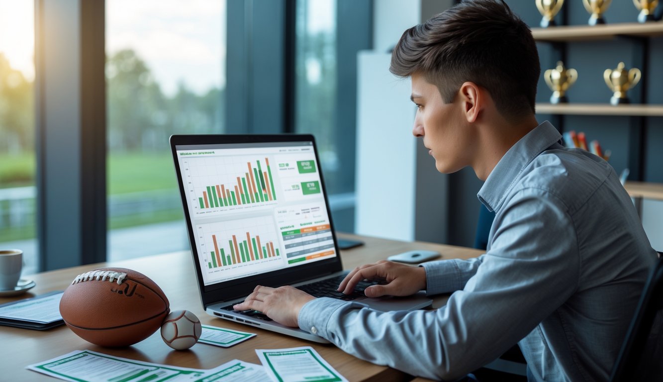 Seorang dewasa muda sedang duduk di meja dengan laptop dan perlengkapan terkait taruhan olahraga, fokus menganalisis data di layar komputer.
