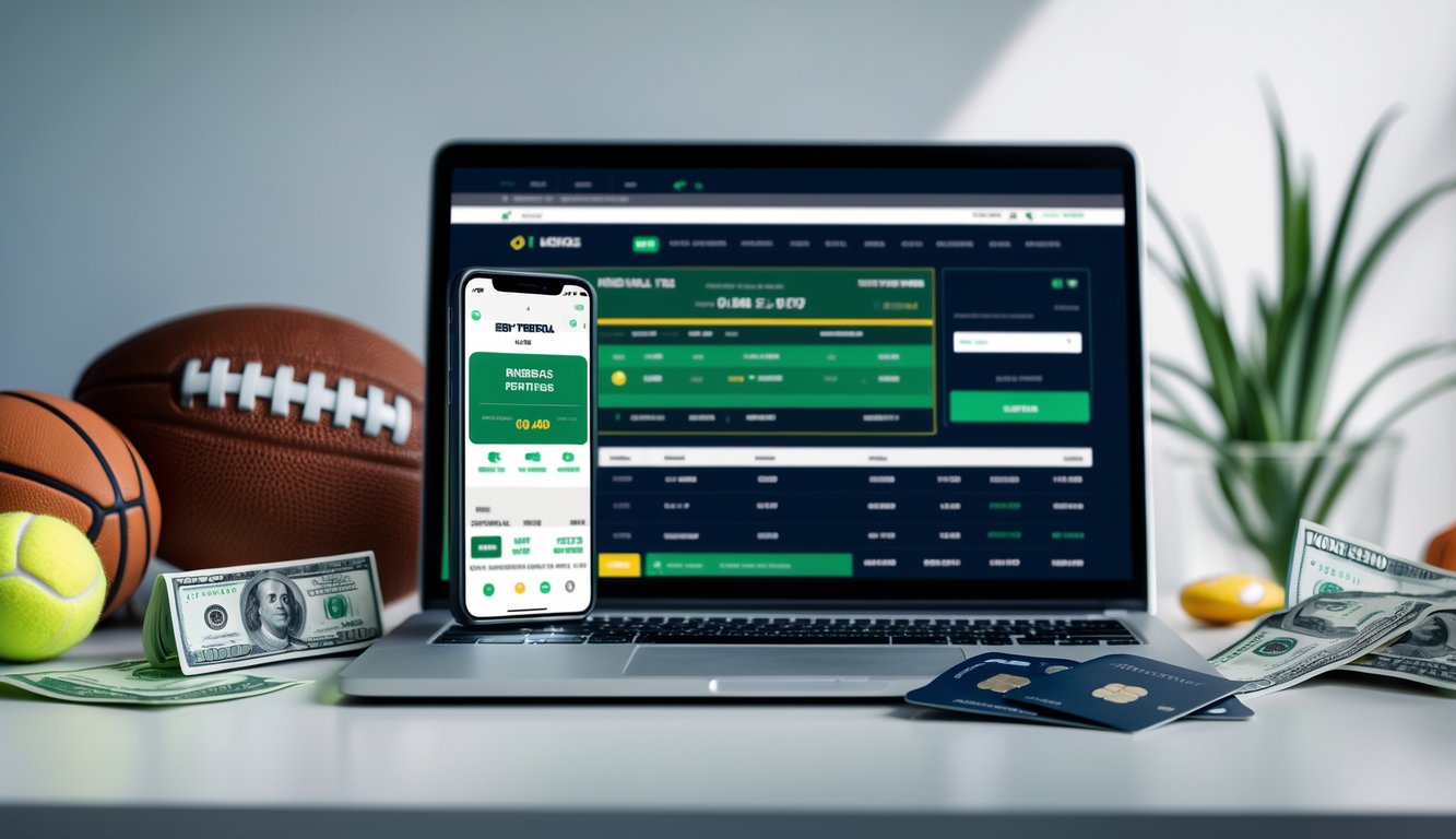 Meja kerja modern dengan laptop, ponsel, kartu kredit, dan bola olahraga yang menunjukkan aktivitas taruhan olahraga dan transaksi keuangan.