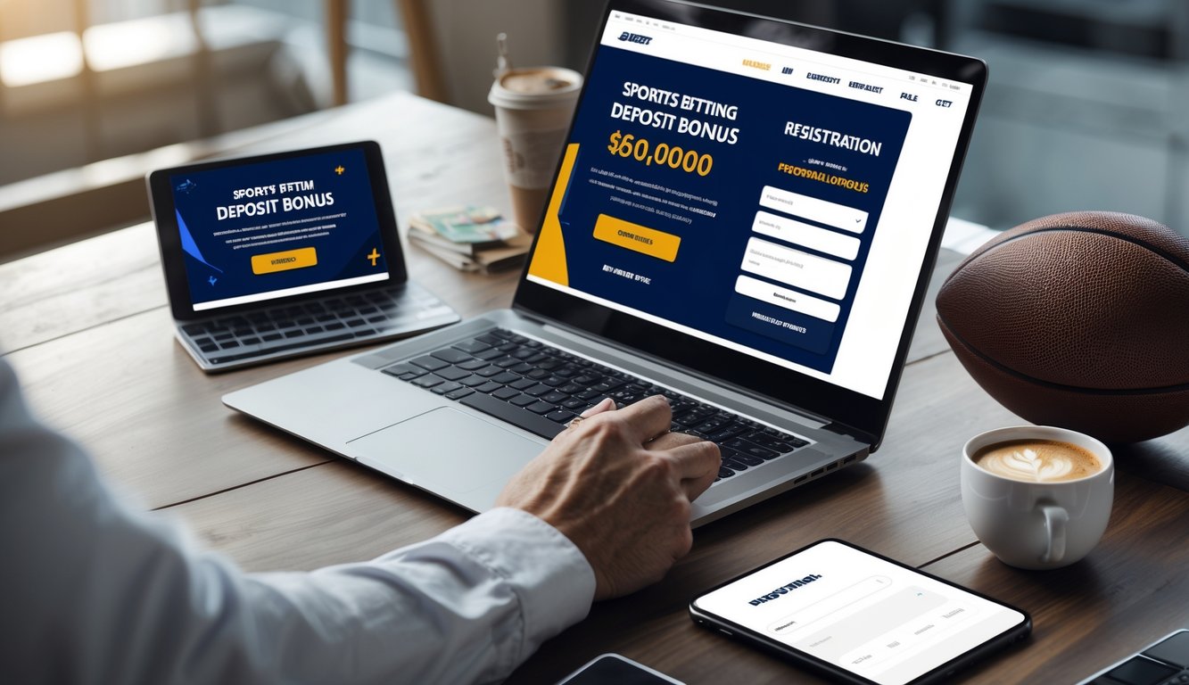 Meja kerja modern dengan laptop dan ponsel yang menampilkan situs taruhan olahraga, lengkap dengan bola sepak dan bola basket di latar belakang.