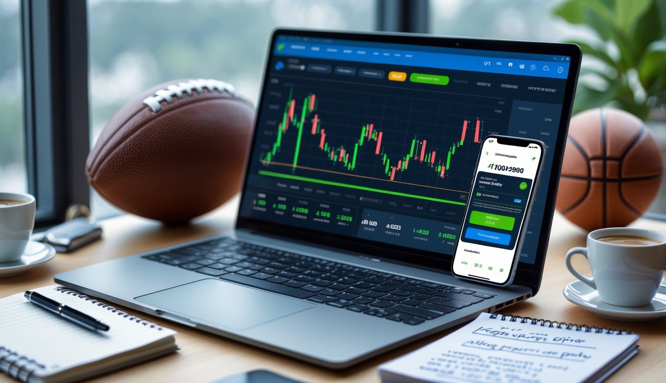 Meja kerja dengan laptop, ponsel, dan catatan strategi taruhan olahraga, dikelilingi bola olahraga dan secangkir kopi.