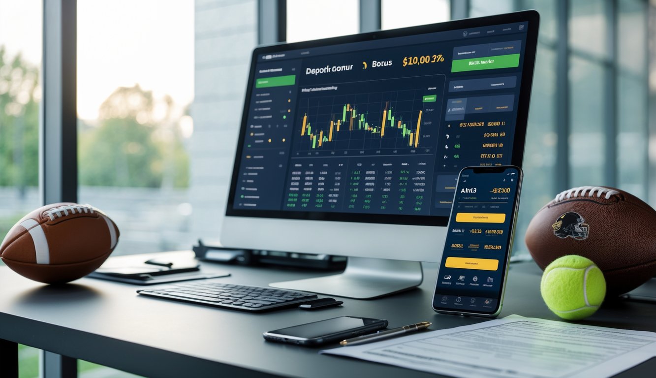 Meja kerja modern dengan laptop, dokumen keuangan, kalkulator, dan smartphone yang menampilkan aplikasi taruhan olahraga, dengan bola olahraga di atas meja.
