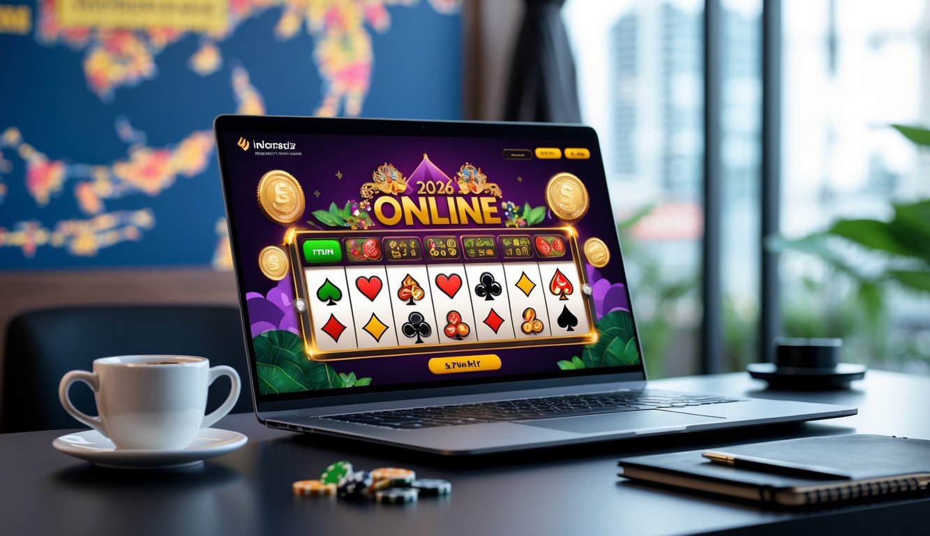 Seorang pengguna duduk di meja dengan laptop yang menampilkan antarmuka kasino online berwarna-warni, dikelilingi oleh elemen budaya Indonesia seperti pola batik, di ruang kerja yang terang dan rapi.