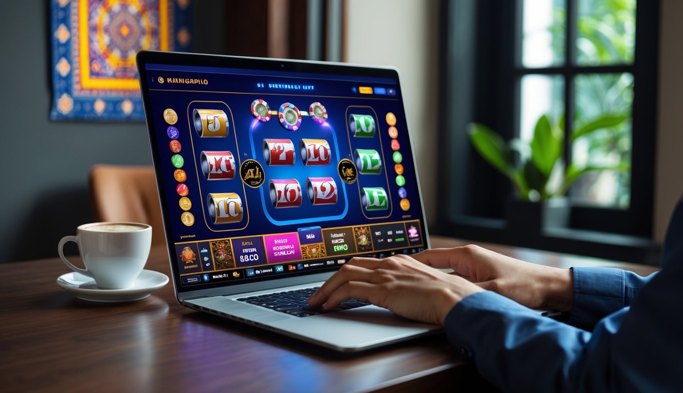 Seseorang menggunakan laptop dengan tampilan permainan judi online di meja kerja yang rapi dan nyaman, dengan latar belakang elemen budaya Indonesia.