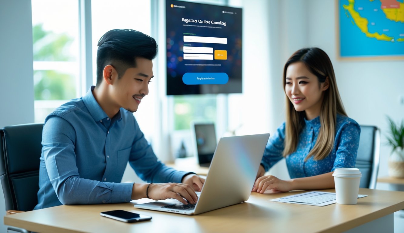 Seorang pria dan wanita muda Indonesia sedang duduk di meja dengan laptop, fokus mendaftar di situs judi online terpercaya, di ruang kerja yang terang dan rapi.