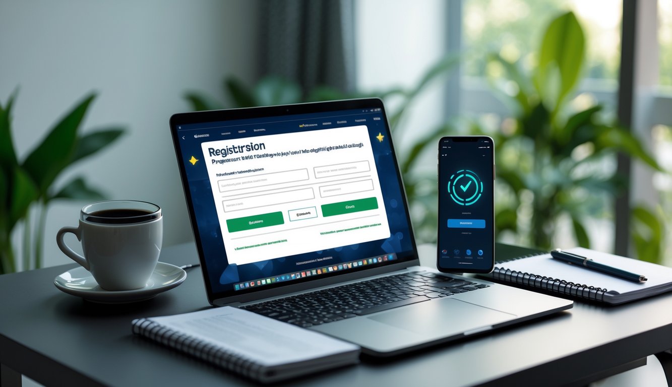 Sebuah meja kerja dengan laptop, ponsel, kopi, dan alat tulis yang menunjukkan suasana persiapan mendaftar di situs judi online terpercaya.
