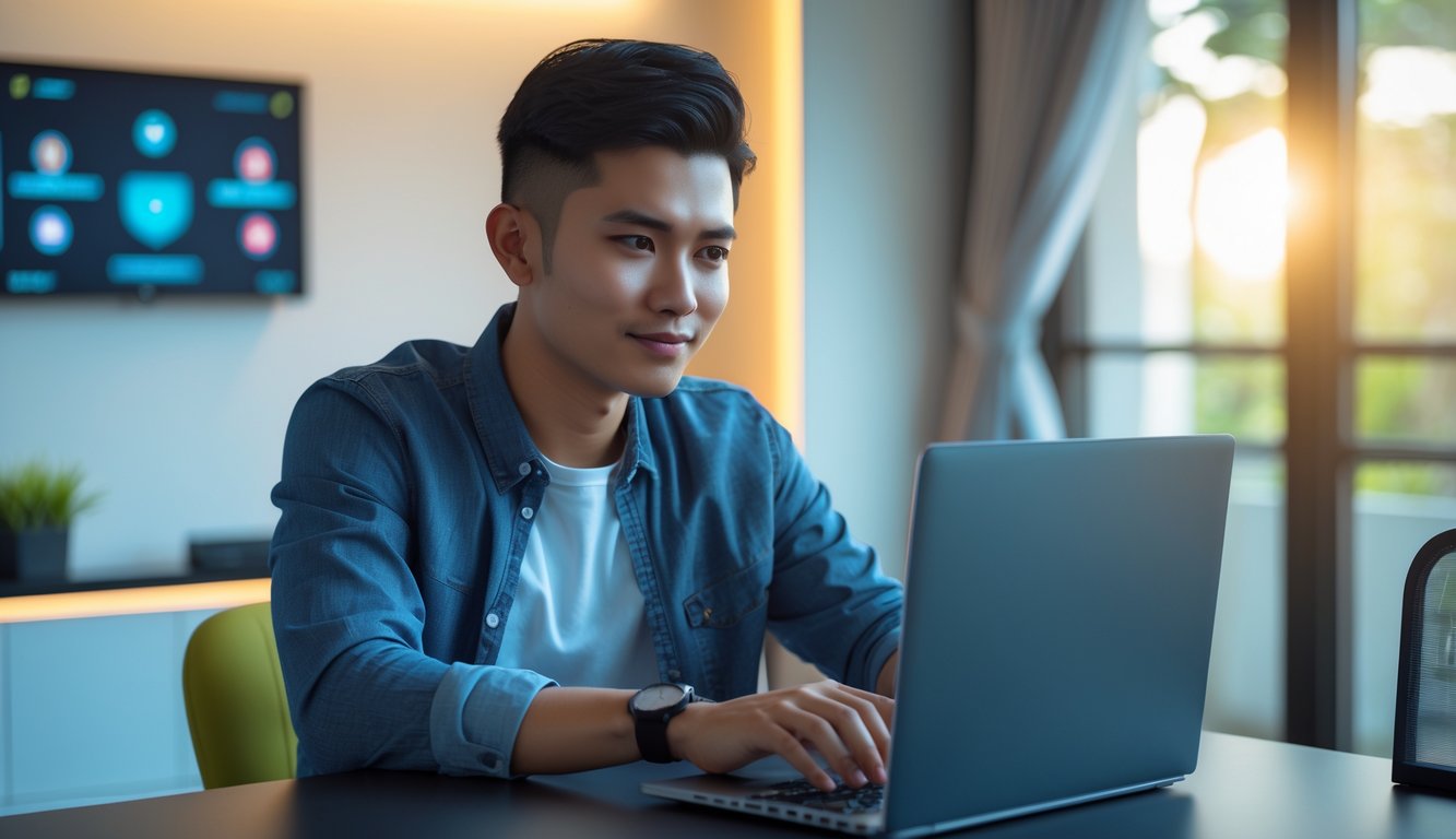 Seorang pria muda Indonesia duduk di meja dengan laptop, tampak fokus bermain judi online di ruangan yang terang dan rapi.