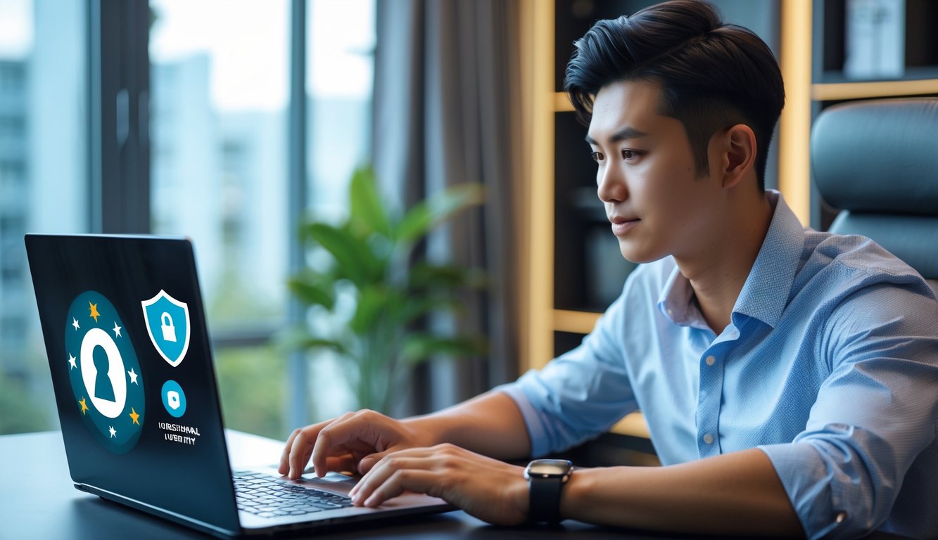 Seorang pria muda sedang duduk di meja dengan laptop, fokus bermain judi online di lingkungan rumah yang rapi dan aman.