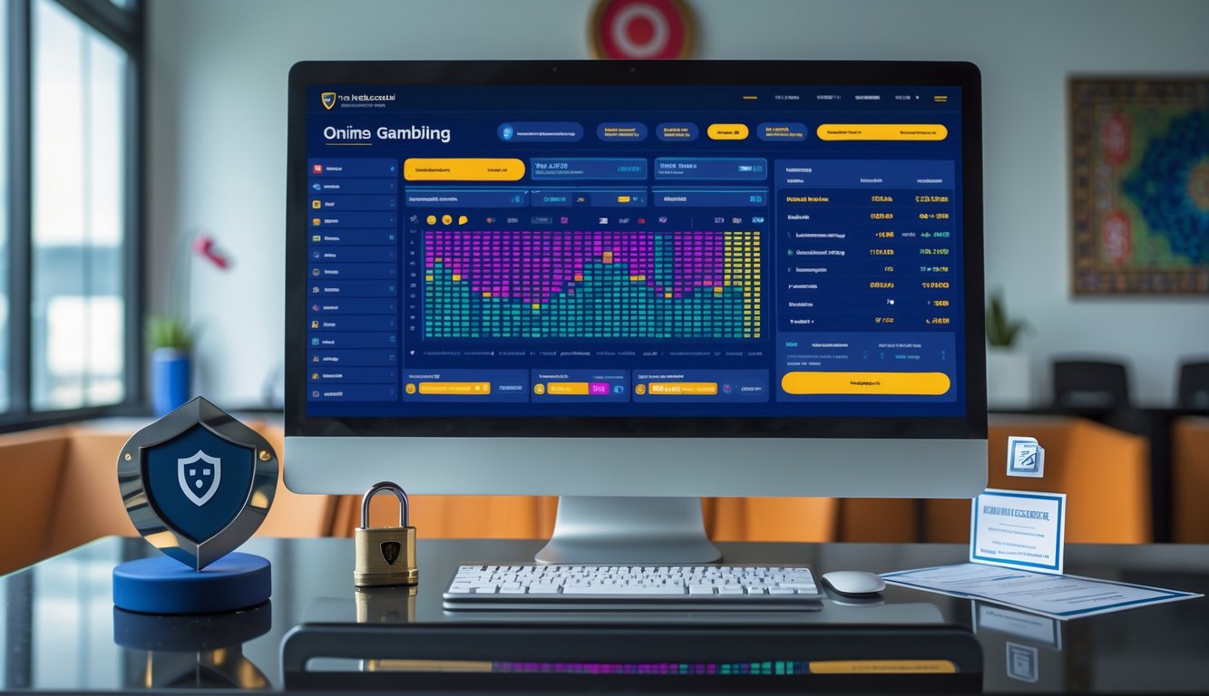 Meja kerja modern dengan komputer yang menampilkan antarmuka platform judi online terpercaya di Indonesia, dengan simbol keamanan dan elemen budaya Indonesia di latar belakang.