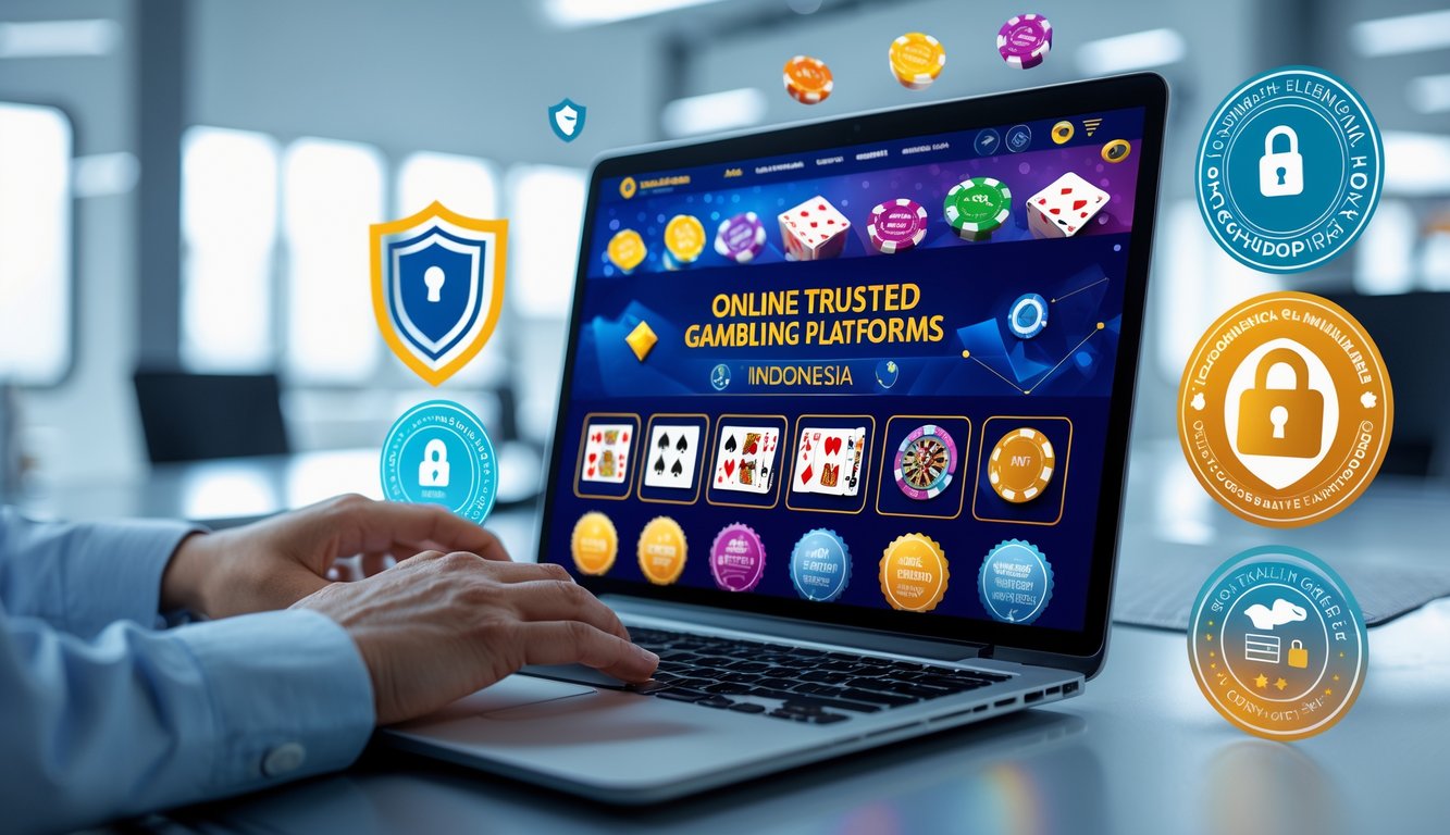 Seseorang menggunakan laptop di meja kerja dengan tampilan situs judi online terpercaya di layar, di sekitar terdapat simbol keamanan seperti gembok dan tanda sertifikasi.
