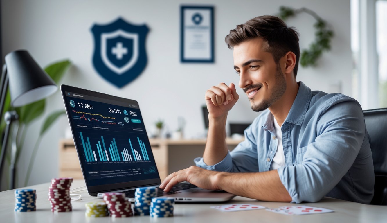 Seorang pria muda duduk di meja dengan laptop, kartu remi, dan chip poker, fokus pada layar dalam ruangan kantor rumah yang rapi.