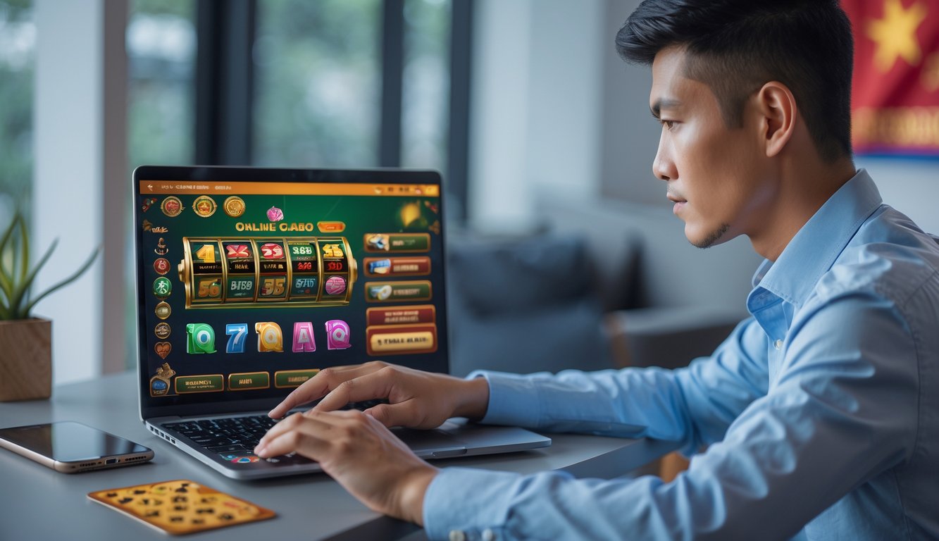 Seorang pria muda Indonesia sedang menggunakan laptop dengan tampilan permainan judi online di layar dalam ruangan yang terang dan rapi.