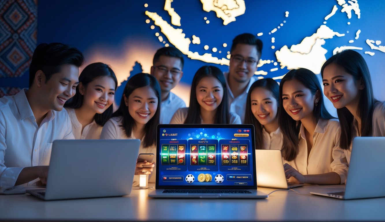 Orang-orang yang bahagia menggunakan perangkat digital untuk bermain permainan kasino online dengan latar belakang elemen budaya Indonesia.