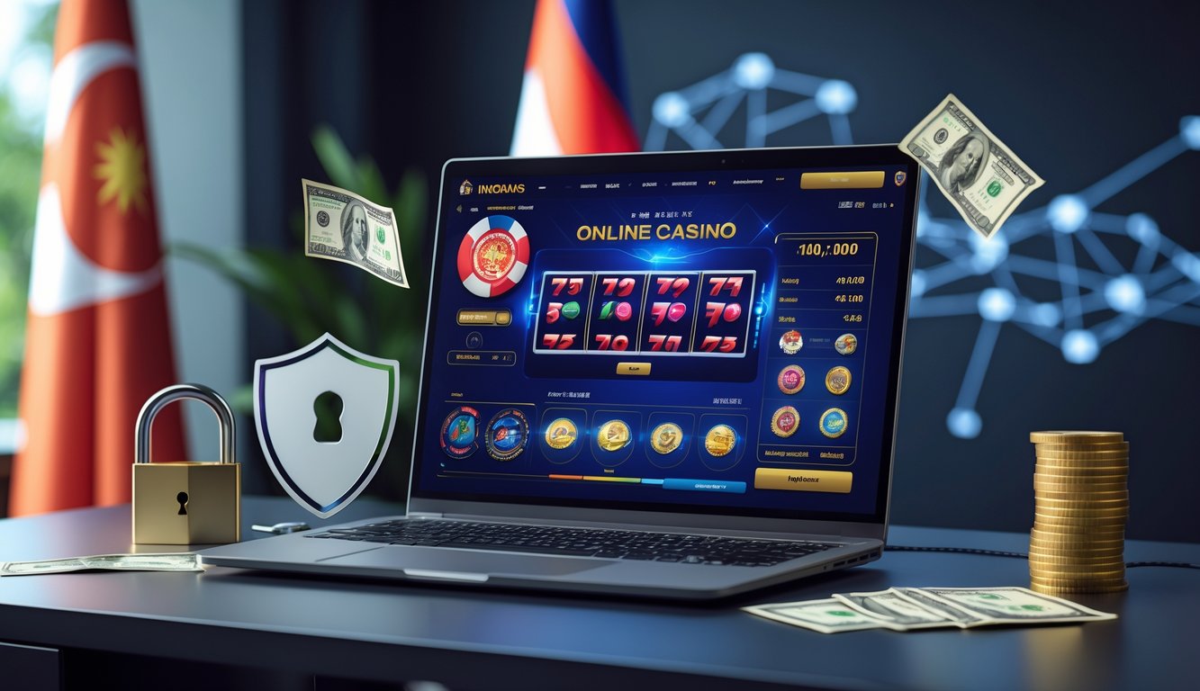 Seorang profesional menggunakan laptop dengan tampilan situs judi online yang aman dan terpercaya, di meja kerja dengan latar bendera Indonesia.