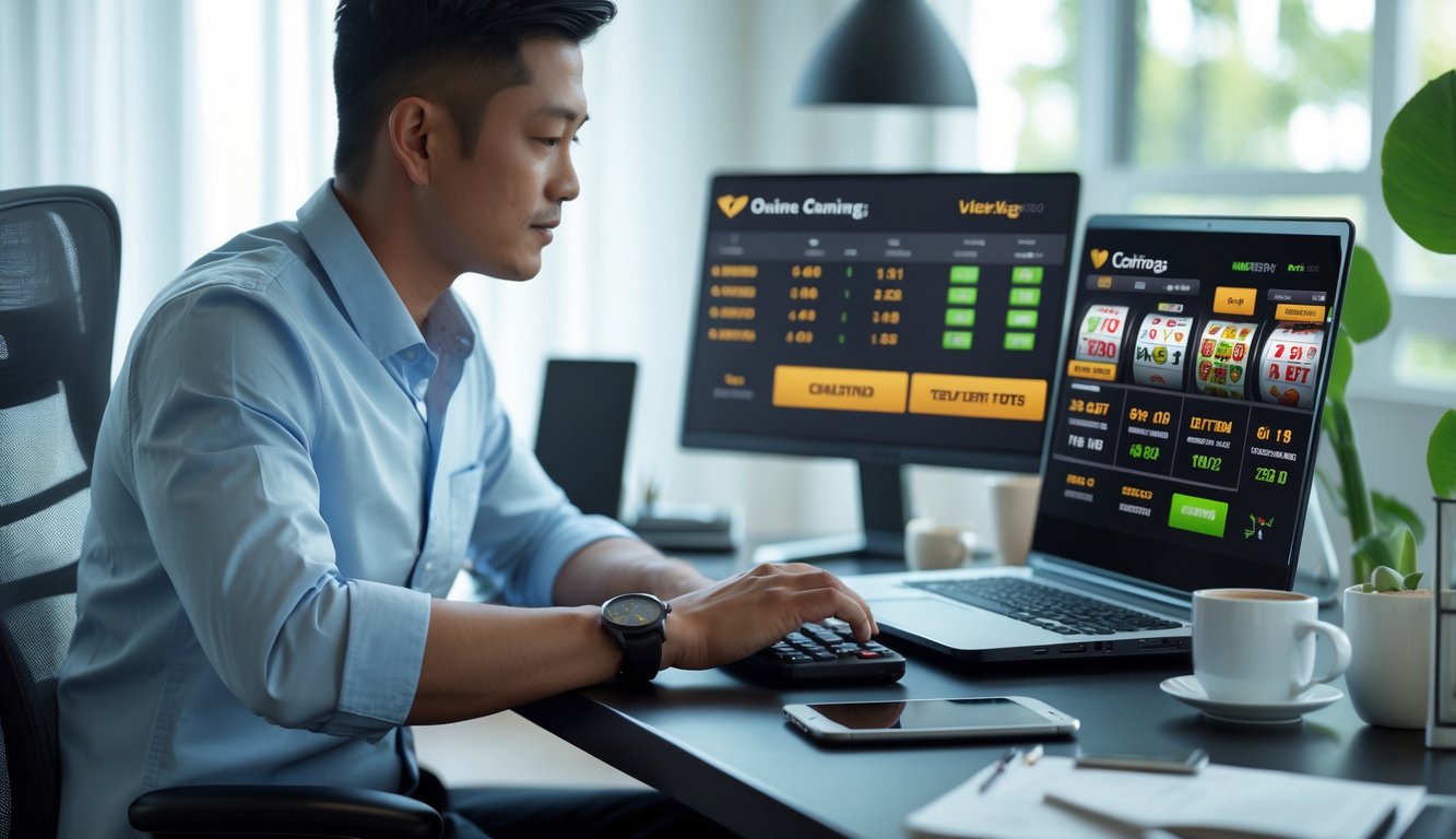 Seorang pria Indonesia sedang fokus bermain judi online di laptop di ruang kerja rumah yang rapi dan terang.