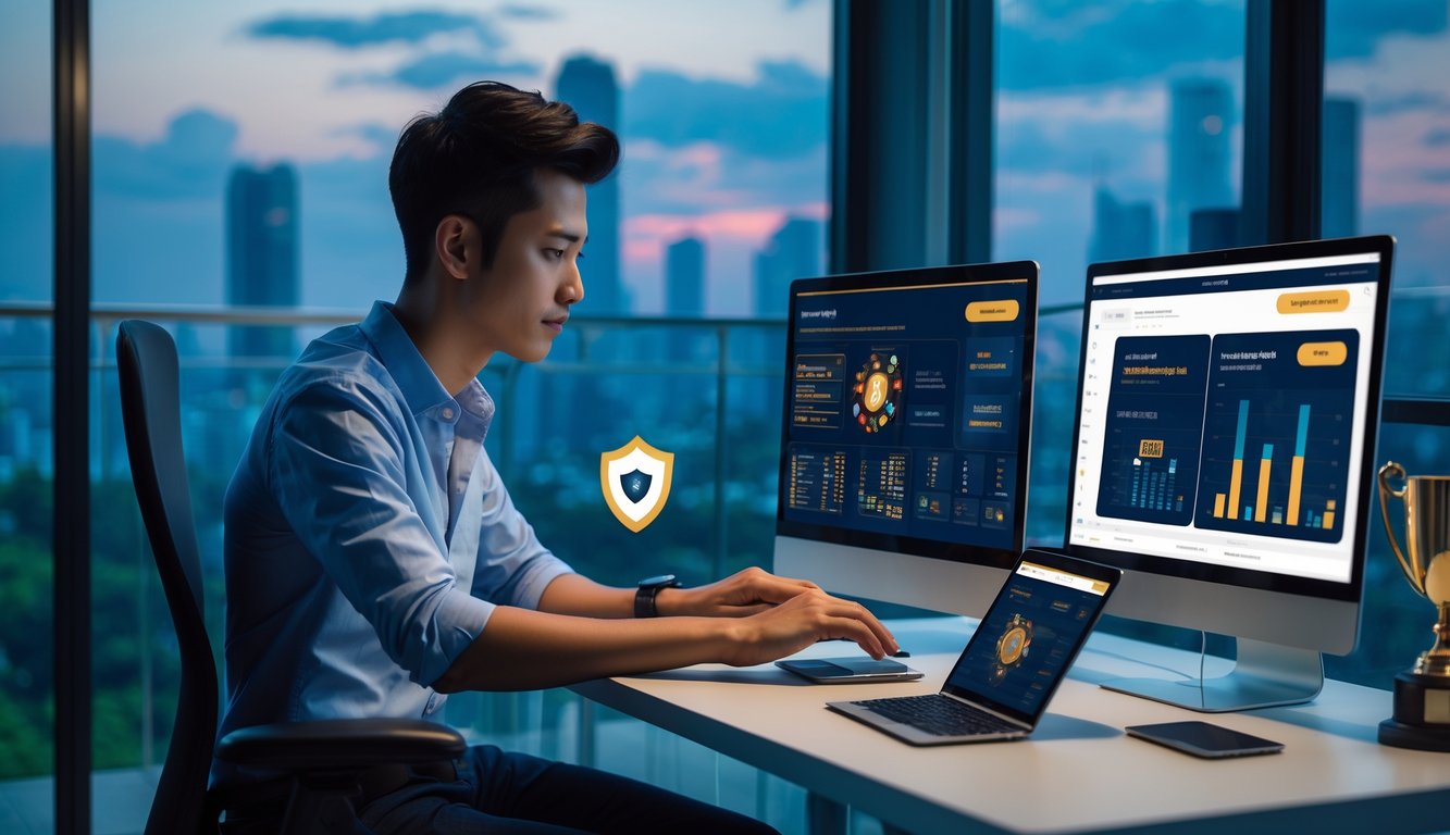 Seorang pria muda fokus bekerja di meja dengan beberapa perangkat digital yang menampilkan antarmuka judi online, di ruang kerja modern dengan pemandangan kota di luar jendela.