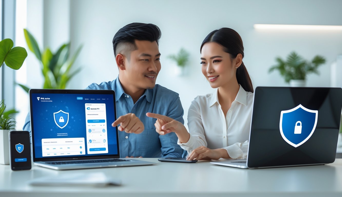 Seorang pria dan wanita Indonesia duduk di meja modern menggunakan perangkat digital untuk taruhan online dengan suasana kantor yang terang dan rapi.