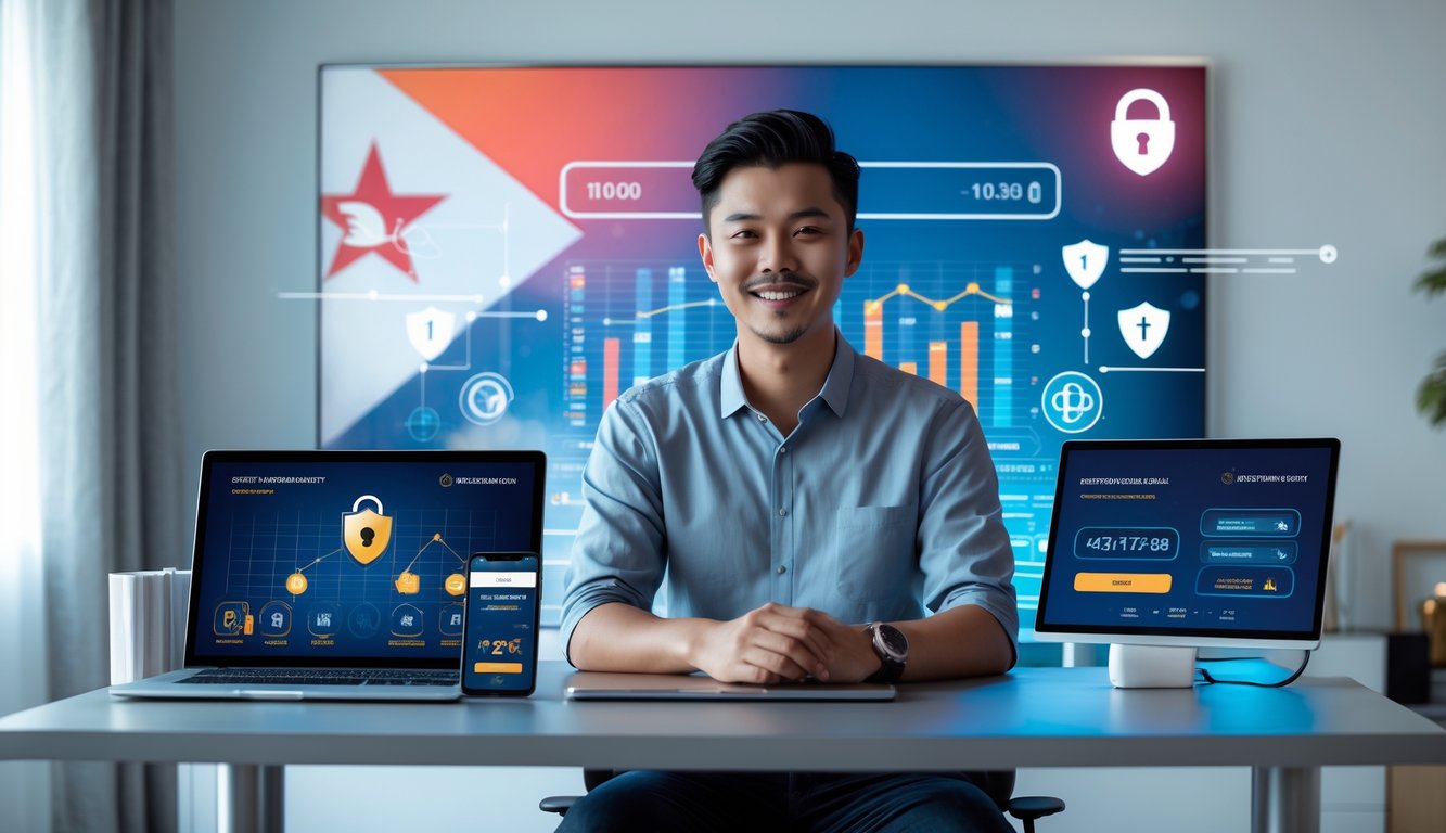 Seorang pria muda Indonesia duduk di meja dengan laptop dan ponsel, menunjukkan suasana taruhan online yang aman dan cepat.