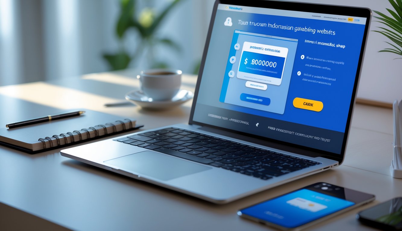 Meja kerja dengan laptop, smartphone, dan kartu kredit yang menunjukkan transaksi keuangan online yang aman.
