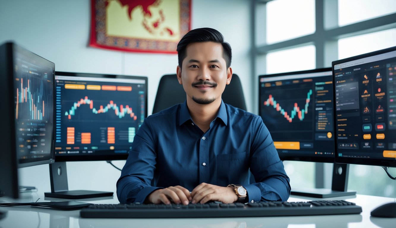 Seorang pria Indonesia duduk di meja modern dengan beberapa monitor komputer menampilkan grafik digital, di sebuah kantor dengan dekorasi batik kecil dan peta Indonesia di dinding.