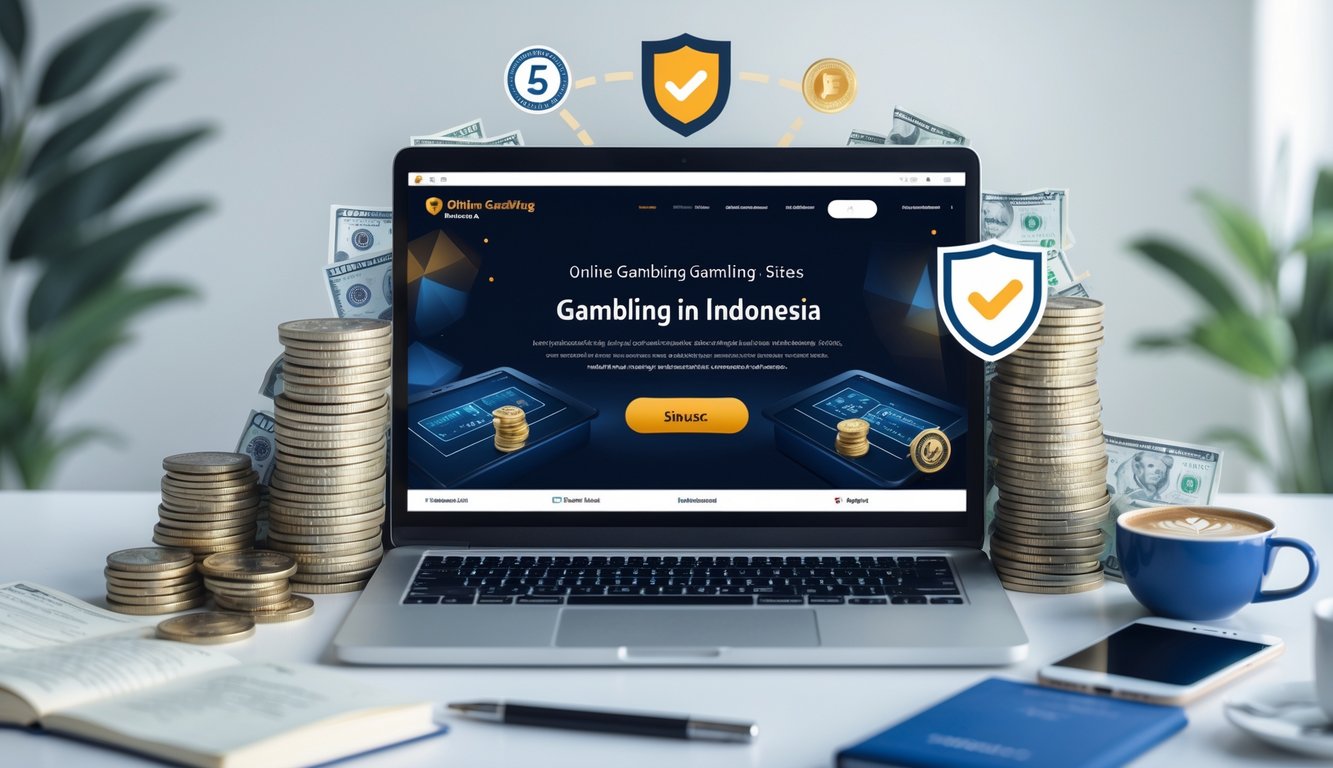 Seorang profesional sedang bekerja di meja dengan laptop yang menampilkan situs judi online terpercaya, dikelilingi oleh simbol keamanan dan uang rupiah.