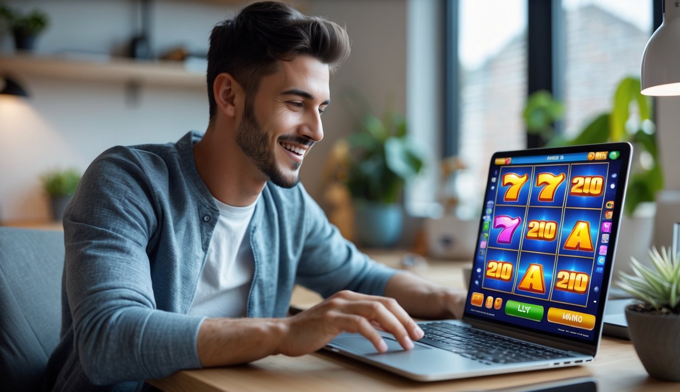 Seorang pria muda duduk di meja dengan laptop, bermain permainan slot online dengan ekspresi fokus dan senang di ruangan kantor rumah yang nyaman.