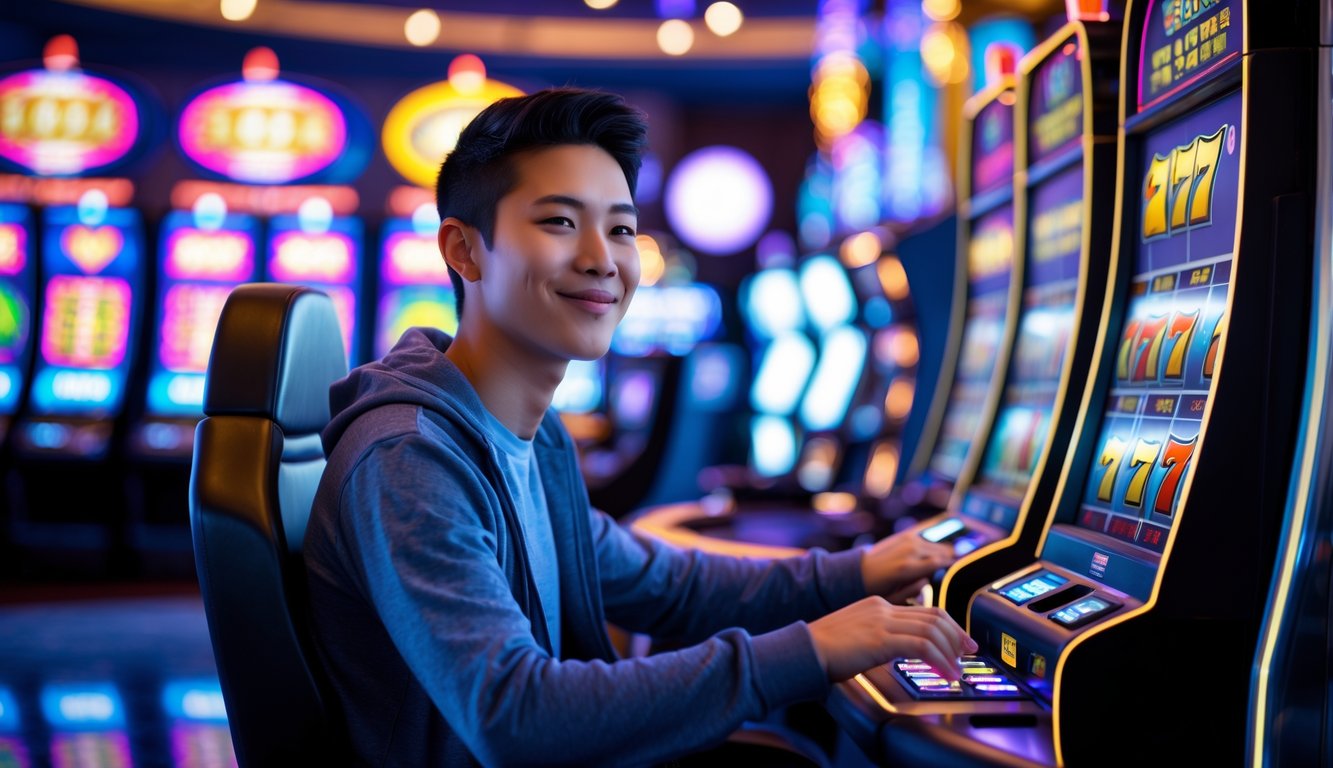 Seorang pemain muda sedang bermain mesin slot di kasino dengan ekspresi fokus dan senang.