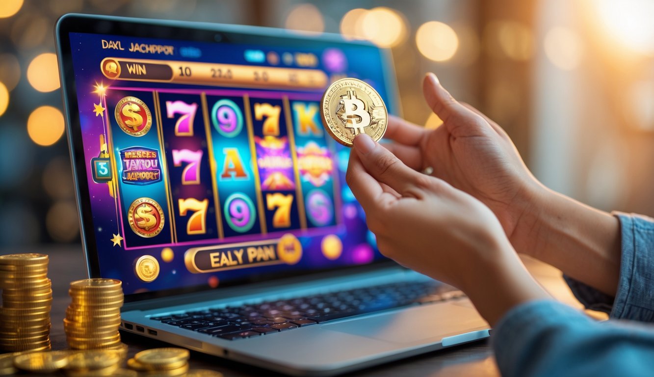 Tangan seseorang merayakan kemenangan saat bermain judi slot online di laptop dengan latar belakang yang hangat dan cerah.