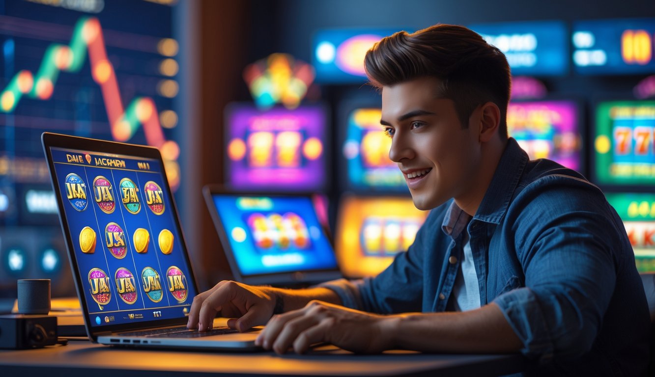 Seorang pria muda duduk di meja dengan laptop yang menampilkan permainan slot online, terlihat fokus dan bersemangat.