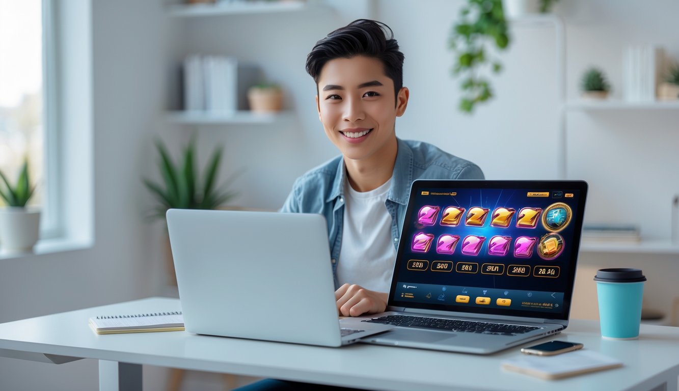 Seseorang duduk di meja dengan laptop yang menampilkan permainan slot online, tersenyum dan fokus di ruang kerja yang terang dan rapi.