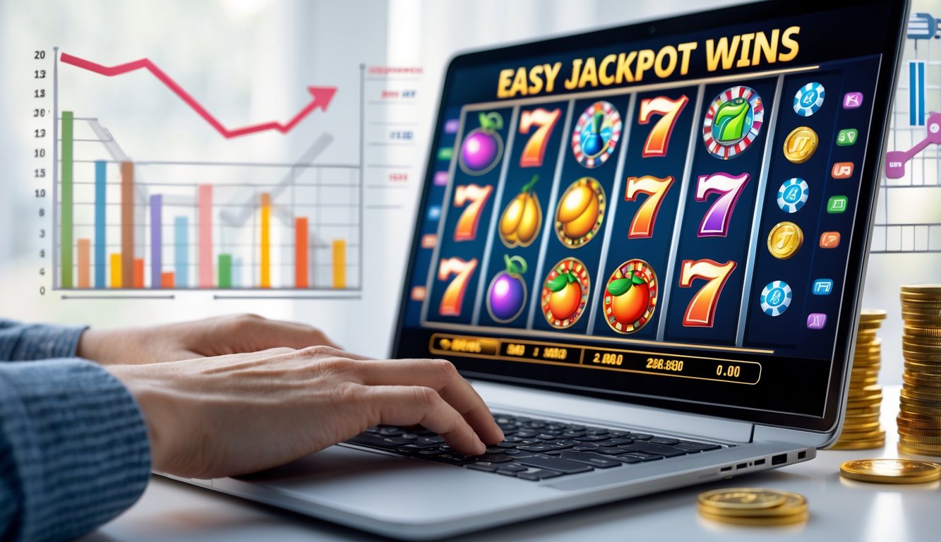 Seseorang menggunakan komputer dengan layar menampilkan permainan slot online dan simbol kemenangan.