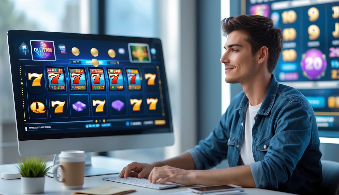 Seorang dewasa muda duduk di meja komputer modern dengan layar menampilkan permainan slot online, terlihat fokus dan percaya diri.
