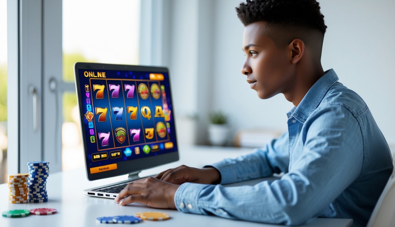 Seorang dewasa muda duduk di meja modern sambil melihat layar laptop yang menampilkan permainan slot online berwarna-warni di ruang kerja rumah yang terang dan rapi.