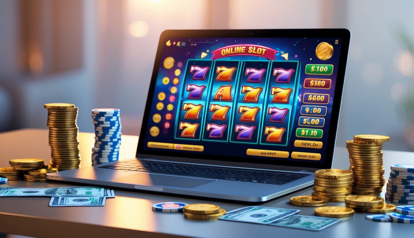 Seseorang menggunakan komputer dengan permainan slot online berwarna-warni di layar, dikelilingi oleh tumpukan koin dan chip poker di atas meja.