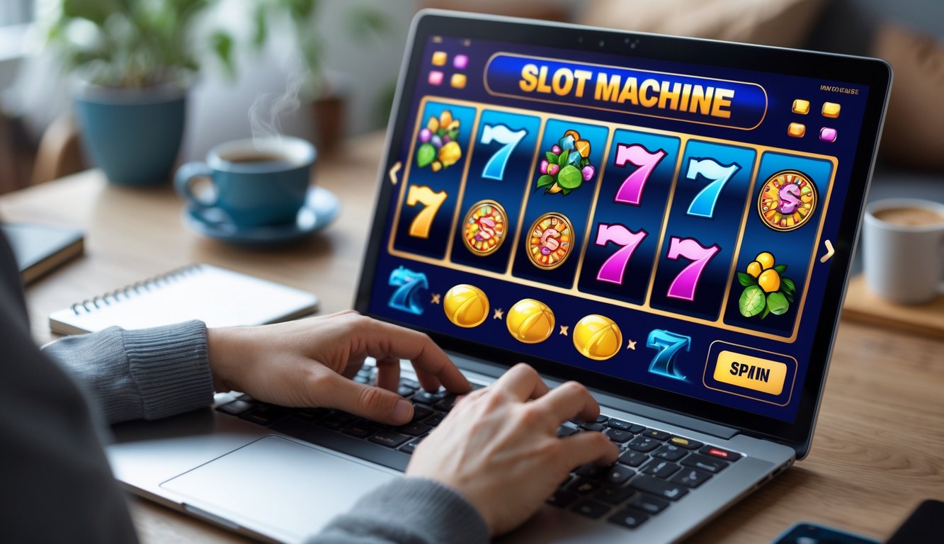 Seorang pengguna sedang bermain mesin slot online di komputer dengan latar belakang suasana rumah yang nyaman.