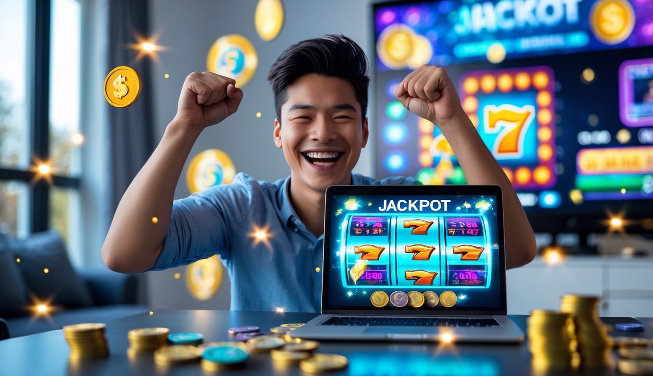 Seorang dewasa muda tersenyum gembira sambil bermain judi slot online di perangkat digital di dalam ruangan.