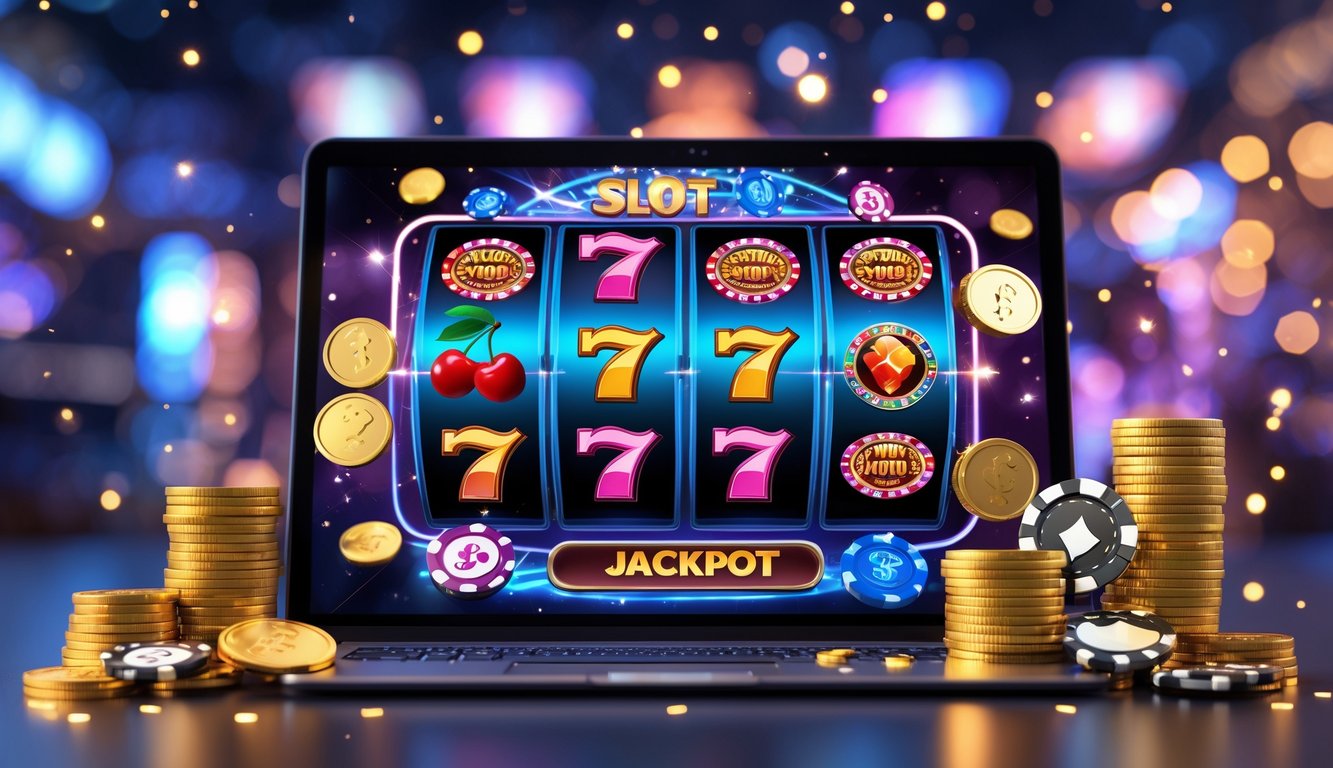 Layar komputer menampilkan permainan slot online dengan simbol keberuntungan dan tumpukan koin emas di sekitarnya.