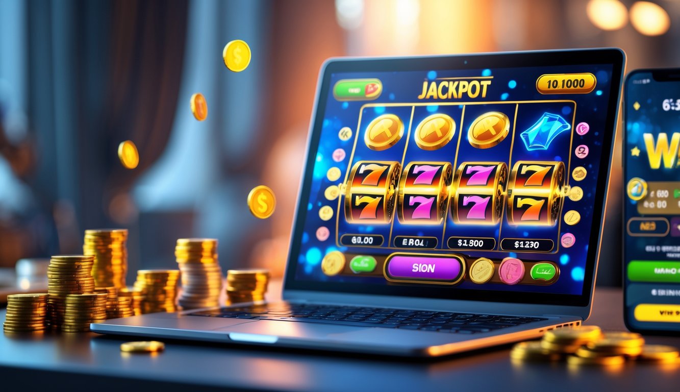 Seorang pria menggunakan laptop yang menampilkan permainan slot online dengan simbol jackpot dan koin emas di sekitarnya.