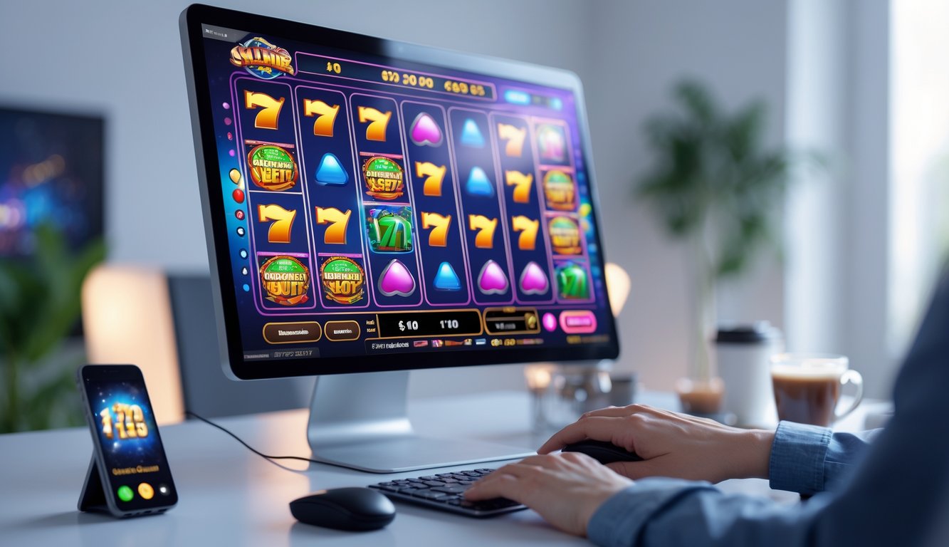 Seseorang menggunakan komputer dengan layar menampilkan permainan slot online yang berwarna-warni di meja kerja yang rapi.