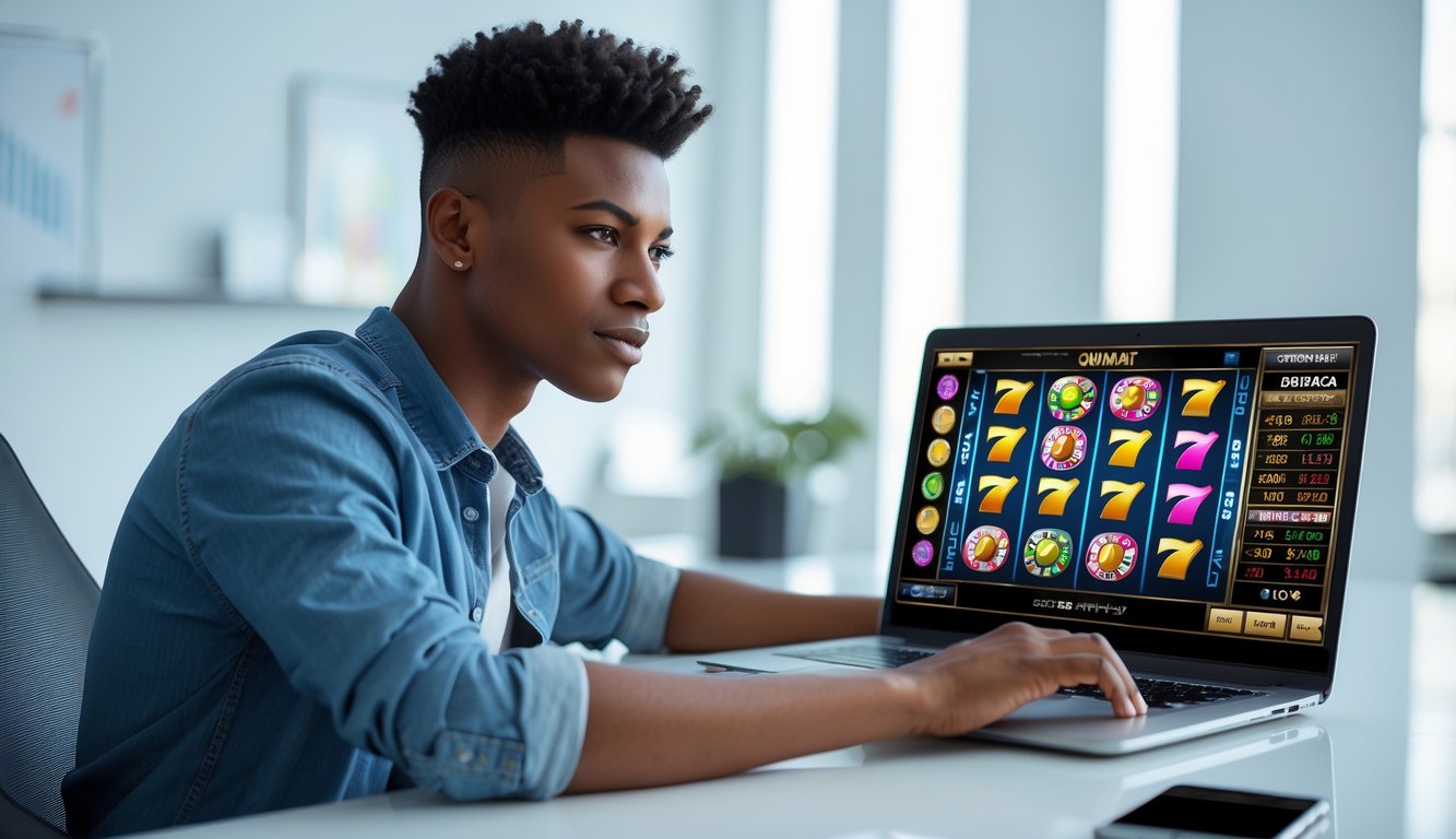 Seorang dewasa muda duduk di meja modern fokus pada layar laptop yang menampilkan grafik mesin slot berwarna-warni.