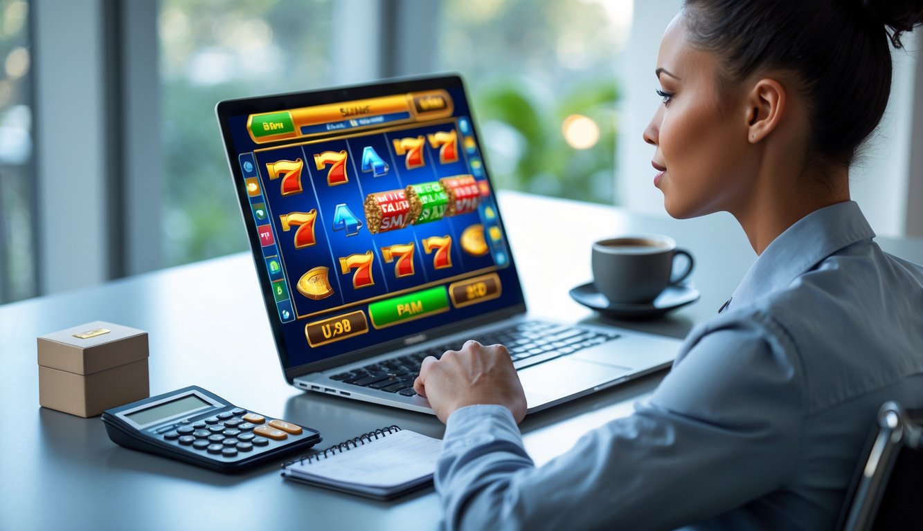 Seseorang duduk di meja dengan laptop yang menampilkan permainan slot online, dikelilingi alat tulis dan kalkulator, menunjukkan fokus dan perencanaan.