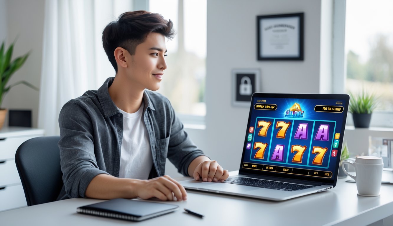 Seorang dewasa muda duduk di meja dengan laptop yang menampilkan permainan slot online, di ruang kerja rumah yang terang dan rapi.