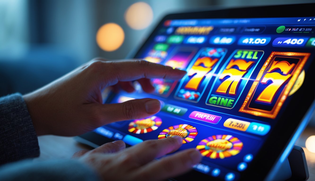 Seseorang menggunakan tablet dengan tampilan permainan slot online berwarna-warni di layar.
