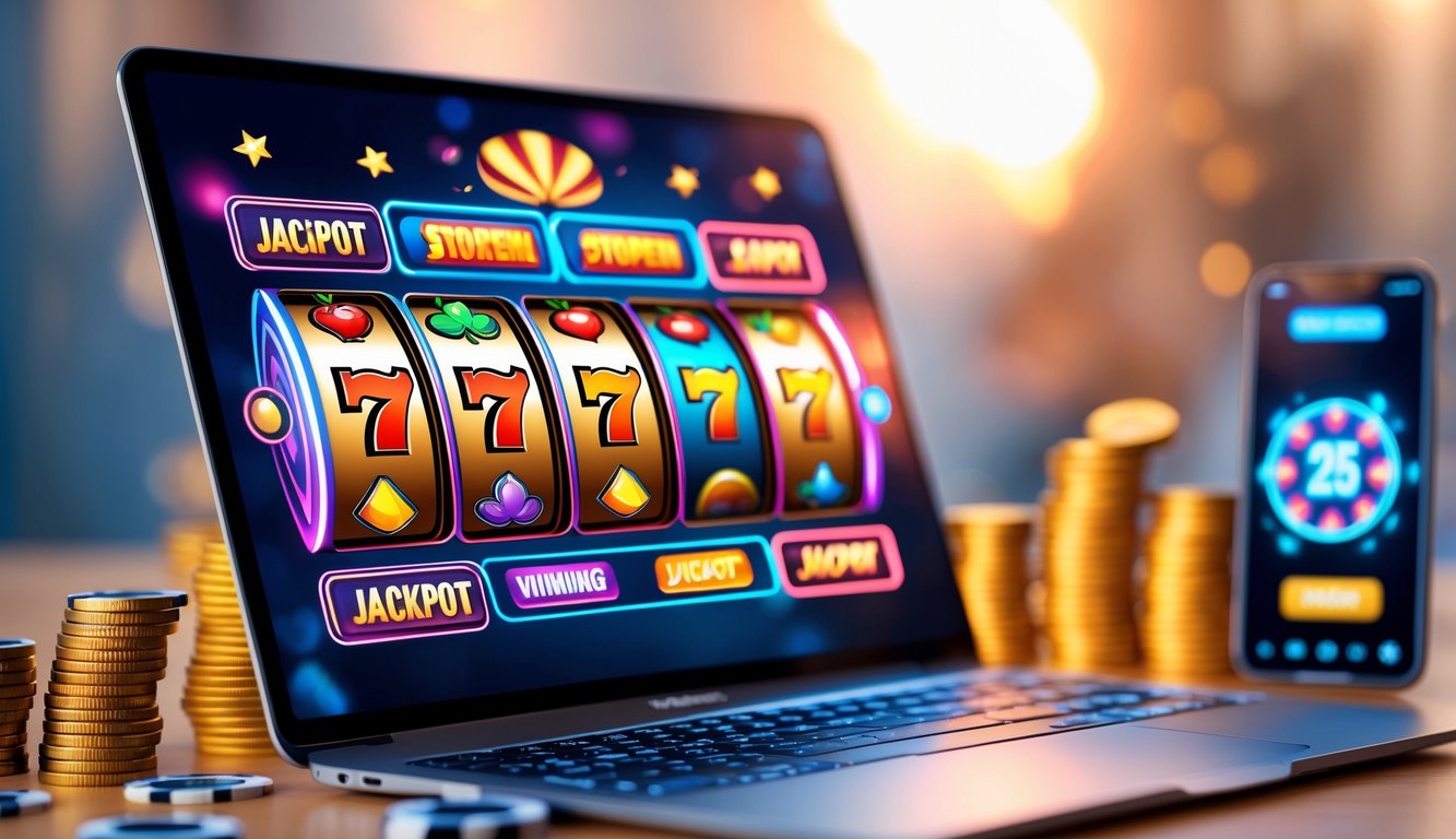 Seorang pengguna sedang bermain permainan slot online di laptop dengan tampilan grafik mesin slot yang berwarna-warni dan koin di sekitarnya.