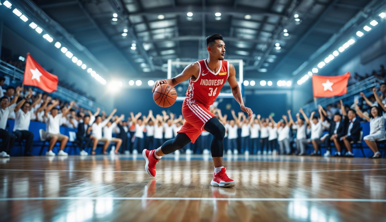 Seorang pemain basket pria sedang menggiring bola di lapangan dalam ruangan dengan penonton yang bersorak di latar belakang.